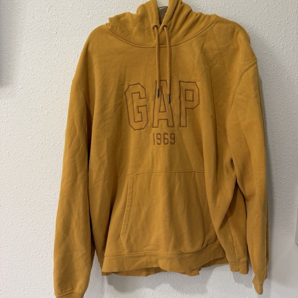 Gap Mustard Yellow Logo Spell Out Hoodie Fleece Pullover Mens XL Y2K 2000's